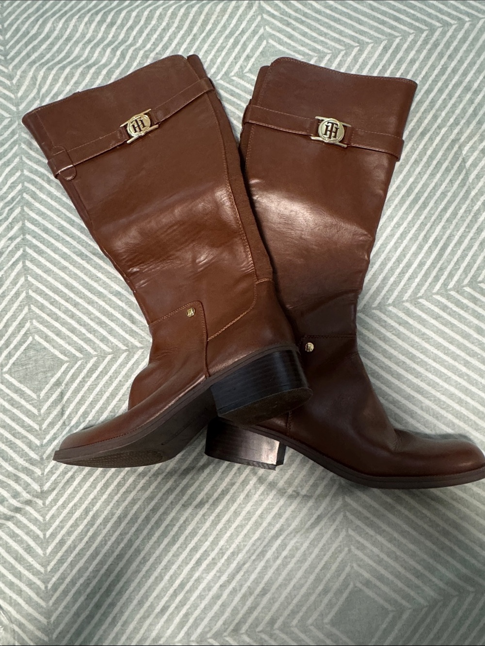 Tommy Hilfiger Brown Leather Mid-Calf Riding Boots with Gold Accent